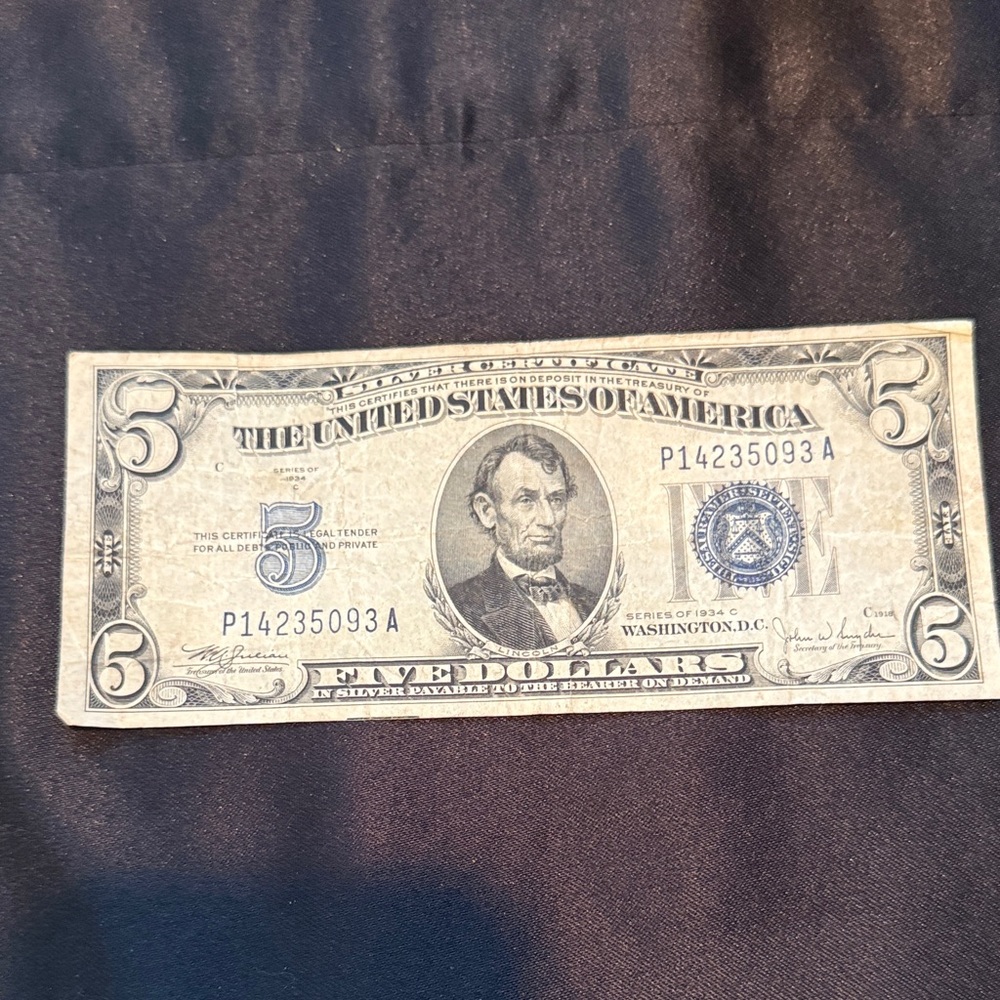 $5 Silver Certificate, series 1934C with a blue seal.  Serial number P14235083A.